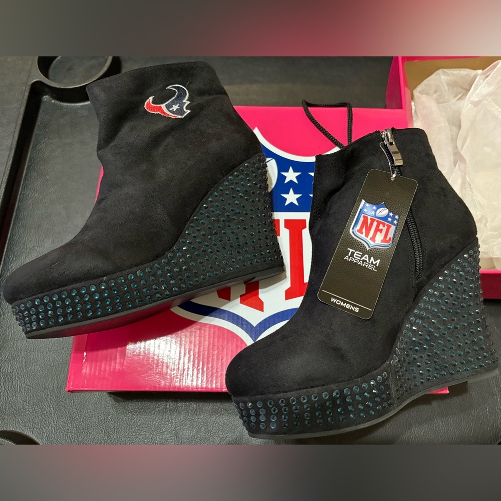 Houston Texans Black and Rhinestone Wedge Booties